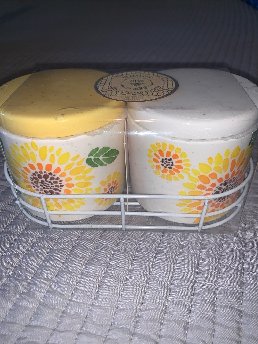 Sunflower SALT & PEPPER CELLARS with lids & HOLDER Containers glazed glass NEW
